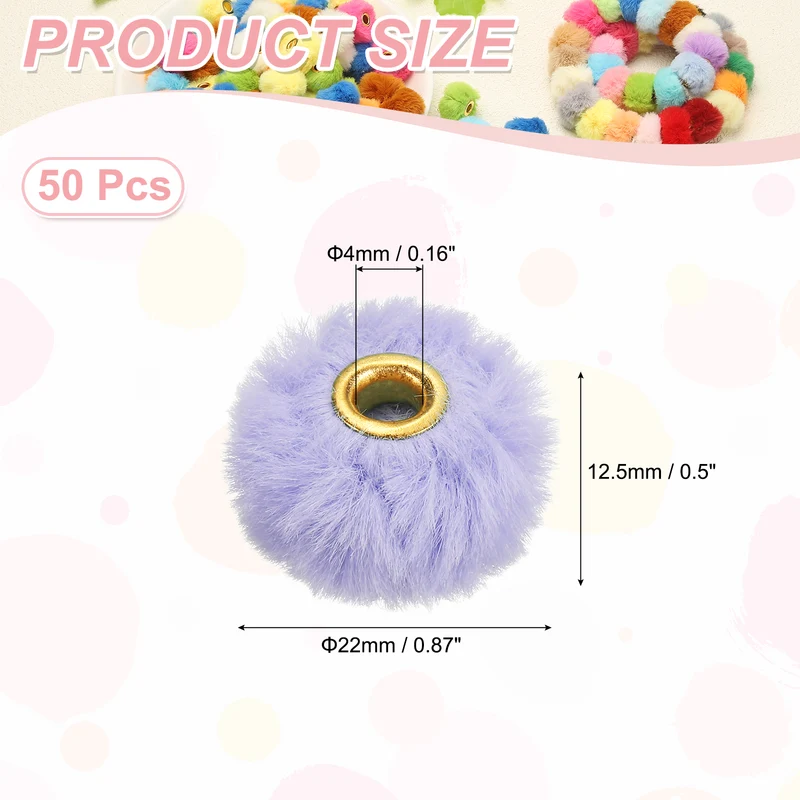 50Pcs Pom Pom Beads, Faux Fur Fuzzy Spacers Bead with 4mm Hole, Light Purple