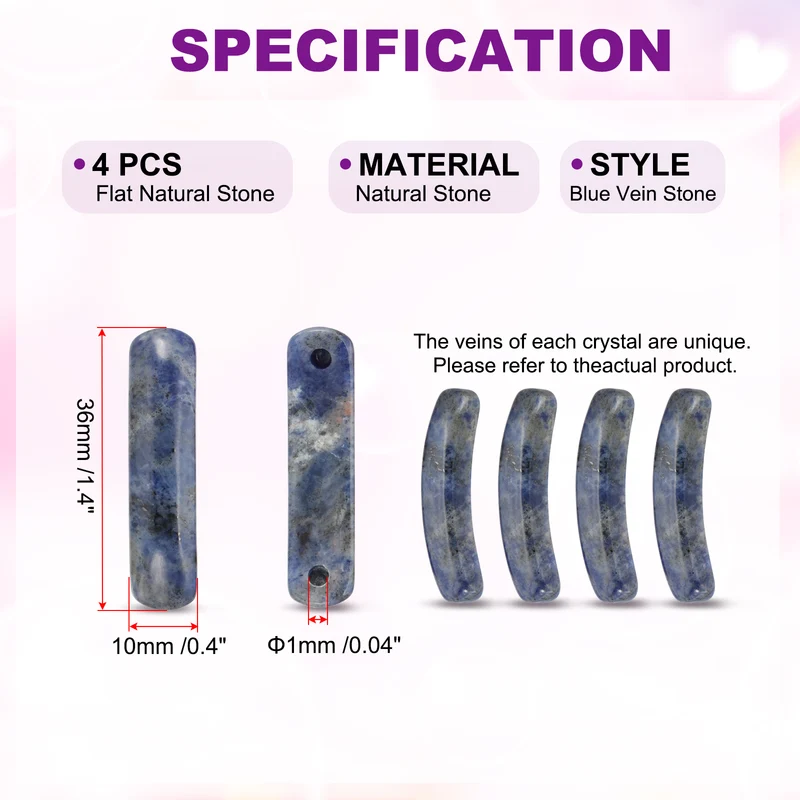 4 Pcs Natural Stone, 36 x 10 mm Natural Curved Clear Quartz Stone Crystal Handmade Jade Flat Beads for DIY Crafting, Blue Vein Stone