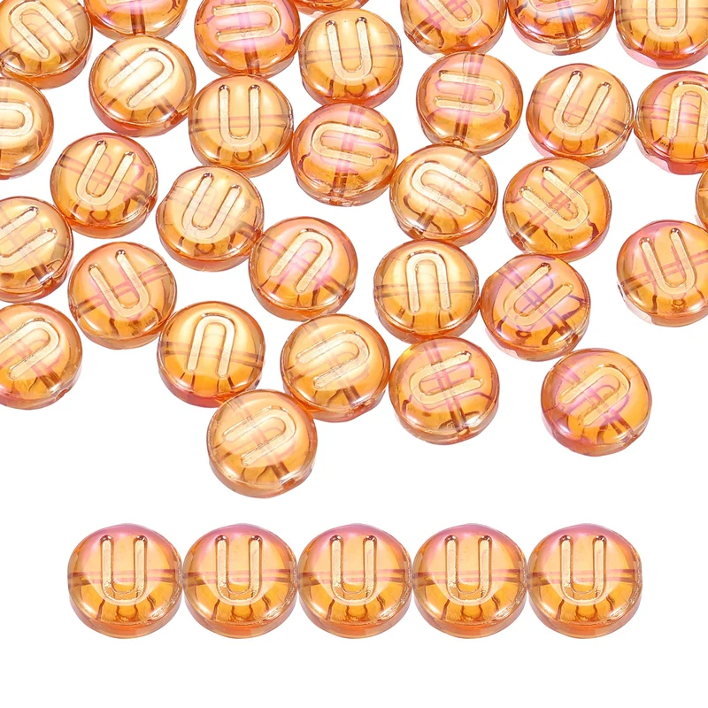 60Pcs Glass Letter Beads, 10mm U Initial Letter Spacer Beads, Red Orange