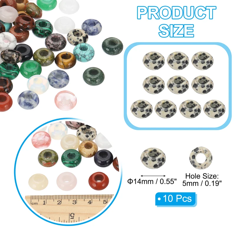10 Pcs Natural Gemstone Beads, Large Hole Rondelle Beads Loose European Crystal Beads Pack for Jewelry Bracelet DIY Craft, 14 x 8 MM, Spots