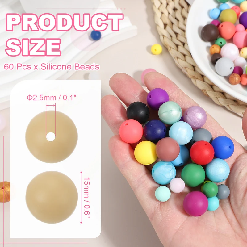 60 Pcs Silicone Beads, 15mm Bulk Beads for Keychain Making, Beige