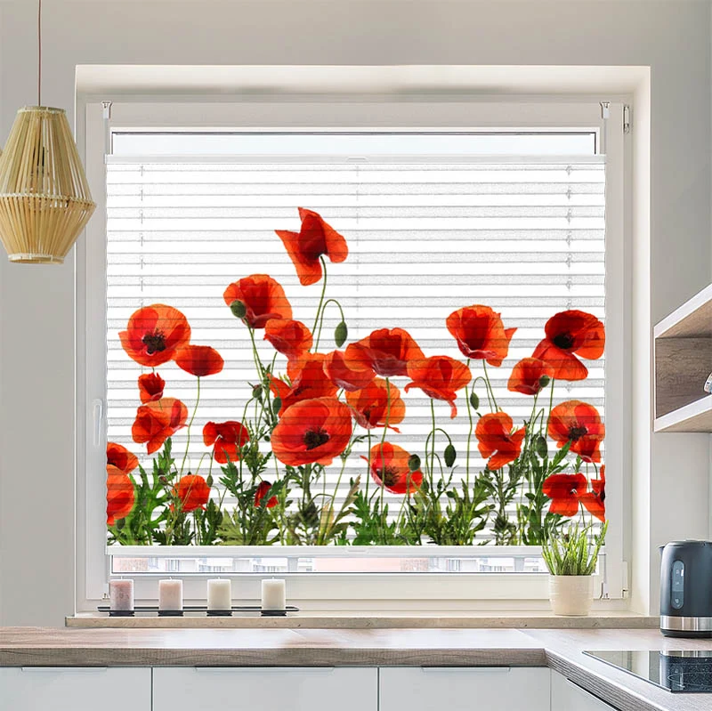 Plissee Motiv "Mohnblumen Weisser Hintergrund"