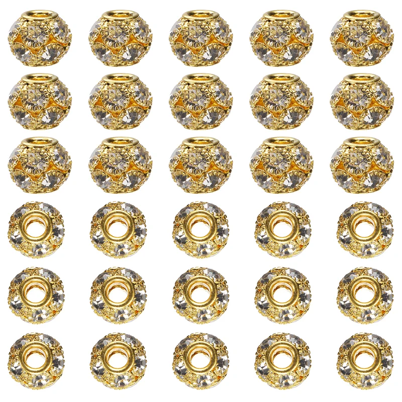 30Pcs Rhinestone Large Hole Beads, 12mm Crystal Charm Spacer Beads, Gold