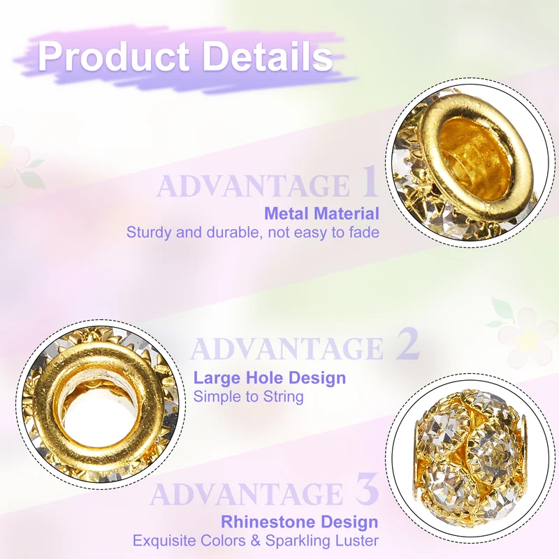30Pcs Rhinestone Large Hole Beads, 12mm Crystal Charm Spacer Beads, Gold
