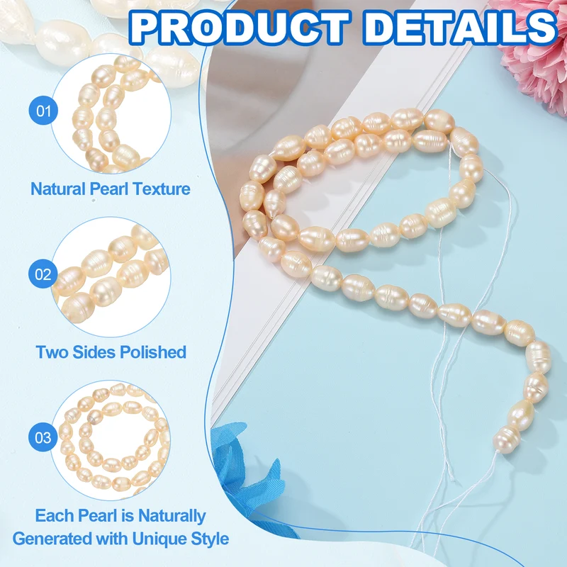 Freshwater Pearl Beads, 7-8mm Rice Shape Pearl String, Beige Pink