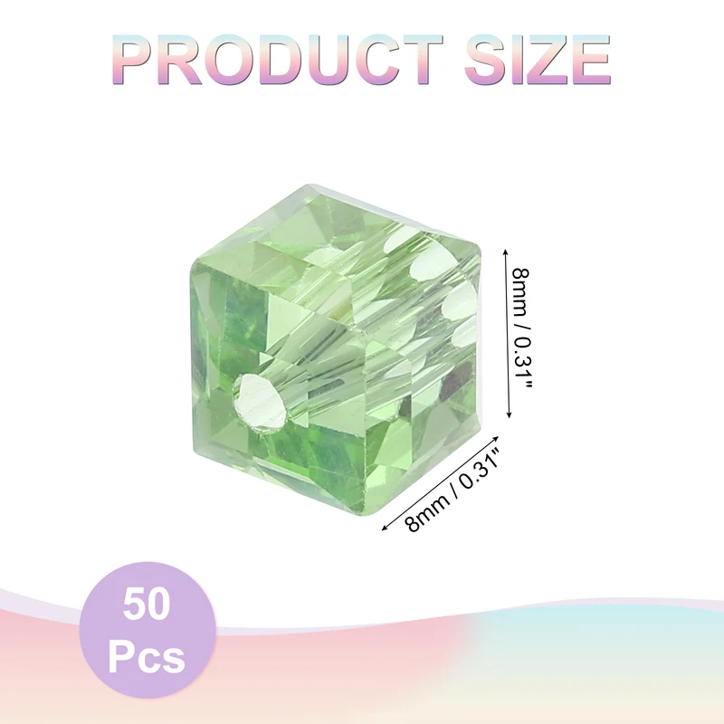 50Pcs Cube Crystal Glass Beads, 8mm Sparkle Faceted Loose Bead (Green)