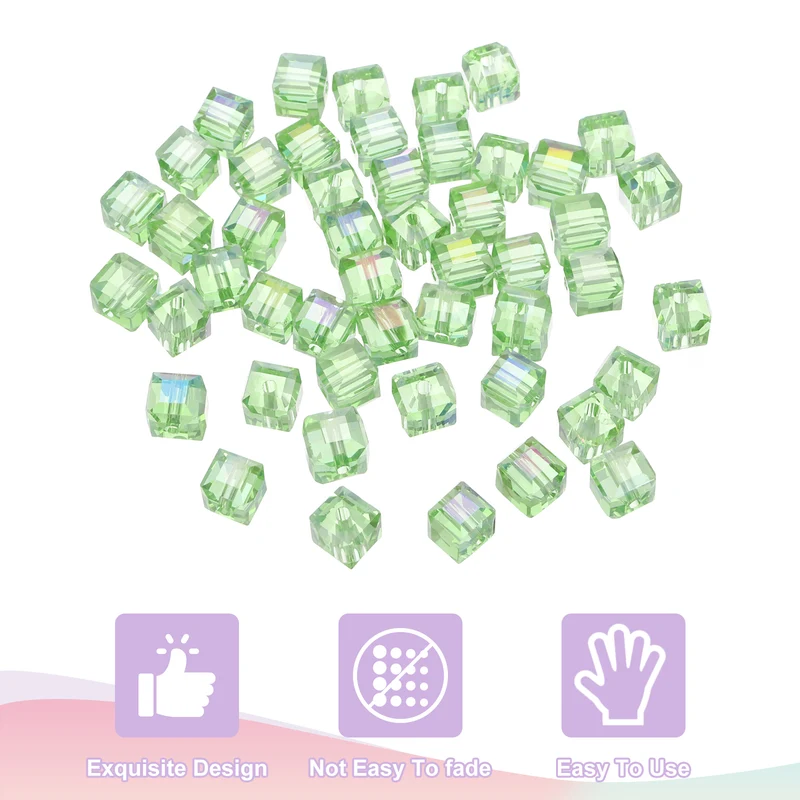 50Pcs Cube Crystal Glass Beads, 8mm Sparkle Faceted Loose Bead (Green)