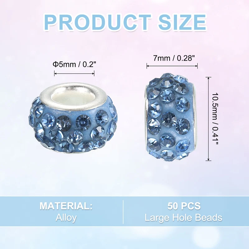 50Pcs European Large Hole Beads Rhinestone Craft Beads Light Blue