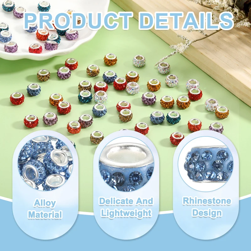 50Pcs European Large Hole Beads Rhinestone Craft Beads Light Blue