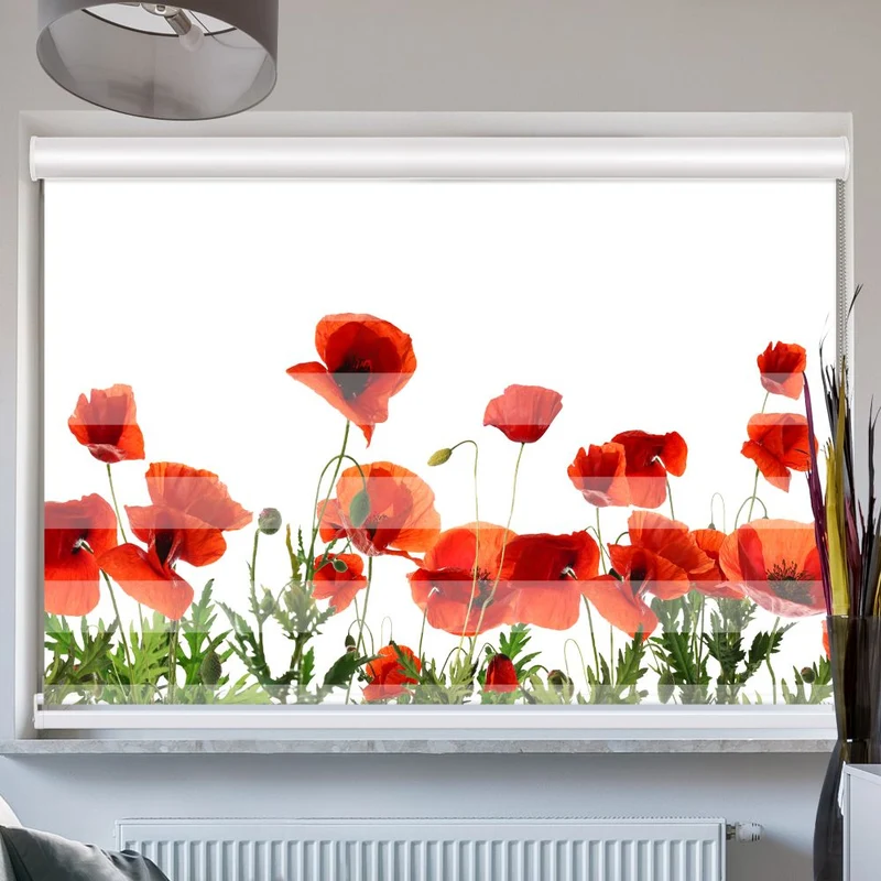 Doppelrollo mit Kassette "Mohnblumen Weisser Hintergrund"