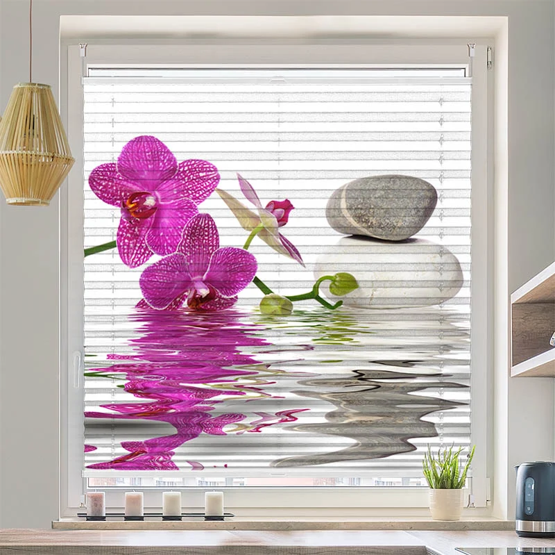 Plissee Motiv "Wasser Orchidee Steine"