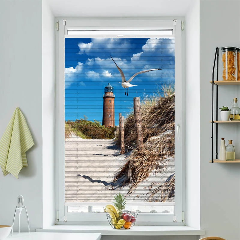 Plissee Motiv "Duene Leuchtturm Moewe"