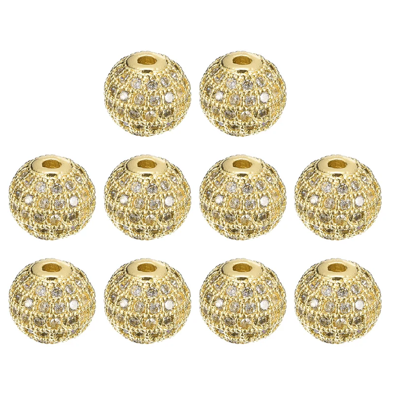 Charm Rhinestone Beads, 10Pcs - 10mm Round Zircon Pave Beads (Gold+White)