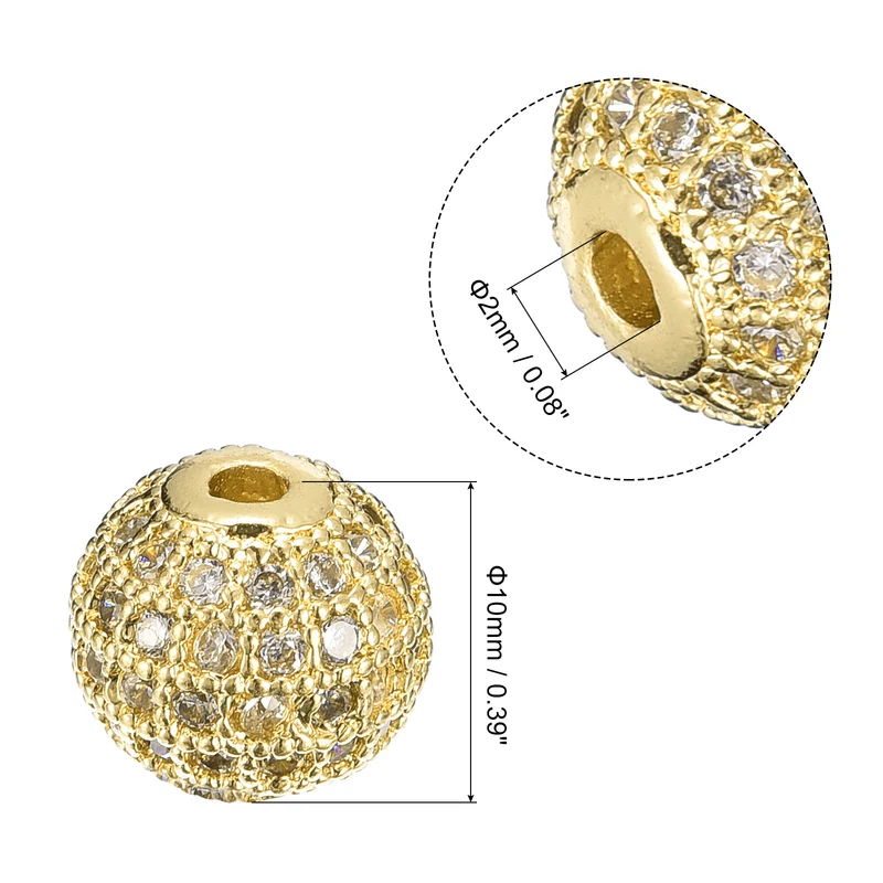 Charm Rhinestone Beads, 10Pcs - 10mm Round Zircon Pave Beads (Gold+White)