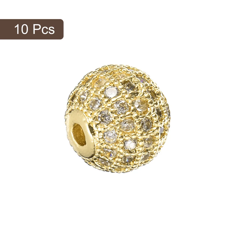 Charm Rhinestone Beads, 10Pcs - 10mm Round Zircon Pave Beads (Gold+White)