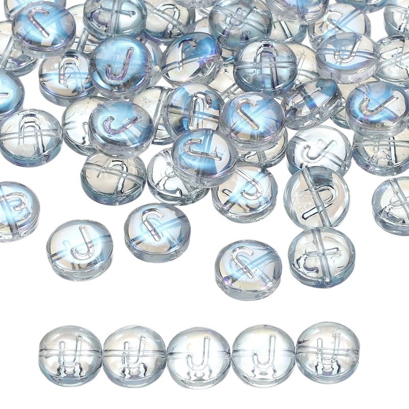 60Pcs Glass Letter Beads, 10mm J Initial Letter Spacer Beads, Blue