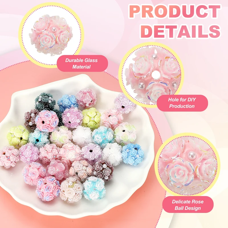 10 Pcs Rhinestone Focal Beads for Pens, 0.8" Glass Flower Beads, Light Pink