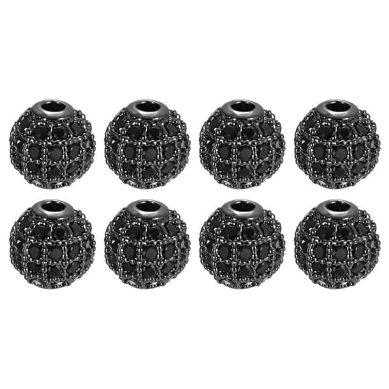 8Pcs Charm Rhinestone Beads 6mm Round Zircon Pave Beads Black Metallic Black