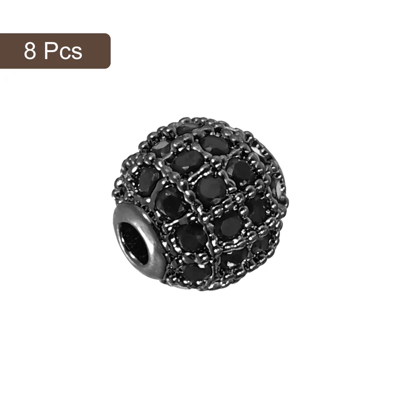 8Pcs Charm Rhinestone Beads 6mm Round Zircon Pave Beads Black Metallic Black