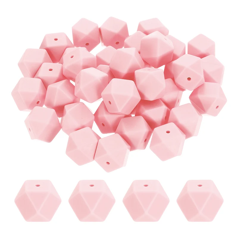 50 Pcs Silicone Beads, 17mm Loose Hexagon Rubber Focal Beads, Light Pink