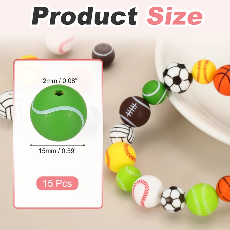 15 Pcs Silicone Sports Beads, 15mm Ball Shaped Beads, Tennis