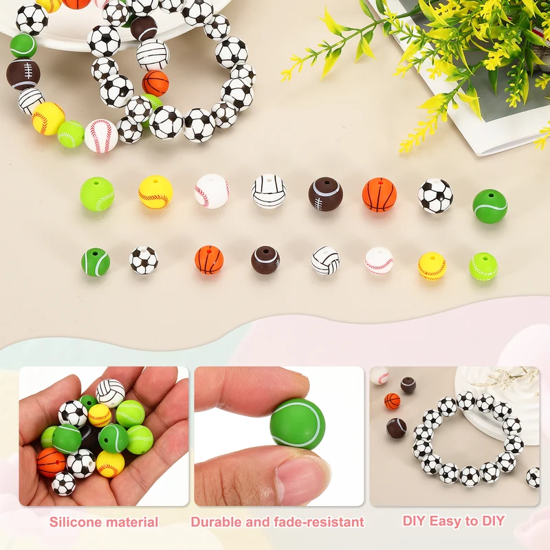 15 Pcs Silicone Sports Beads, 15mm Ball Shaped Beads, Tennis