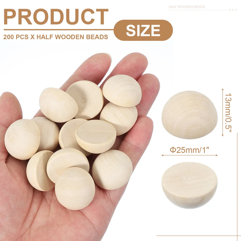 200 Pcs Half Wooden Beads, 1 Inch(25mm) Unfinished Wood Balls, Wood Color