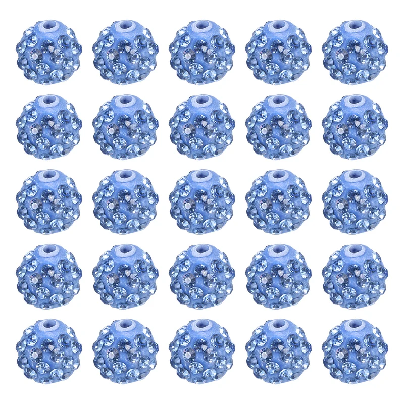 50Pcs 10mm Rhinestone Clay Beads, Crystal Disco Bead for DIY, Light Blue