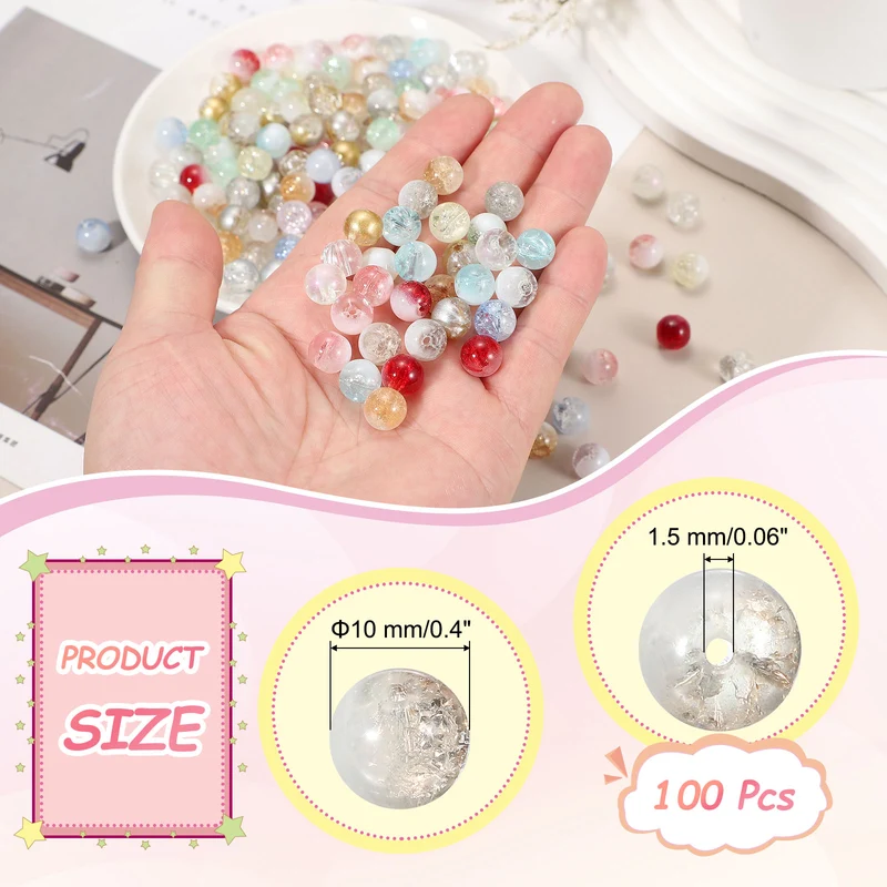 100 Pcs Crackle Glass Beads for Jewelry Making, 10mm Round Beads, Khaki