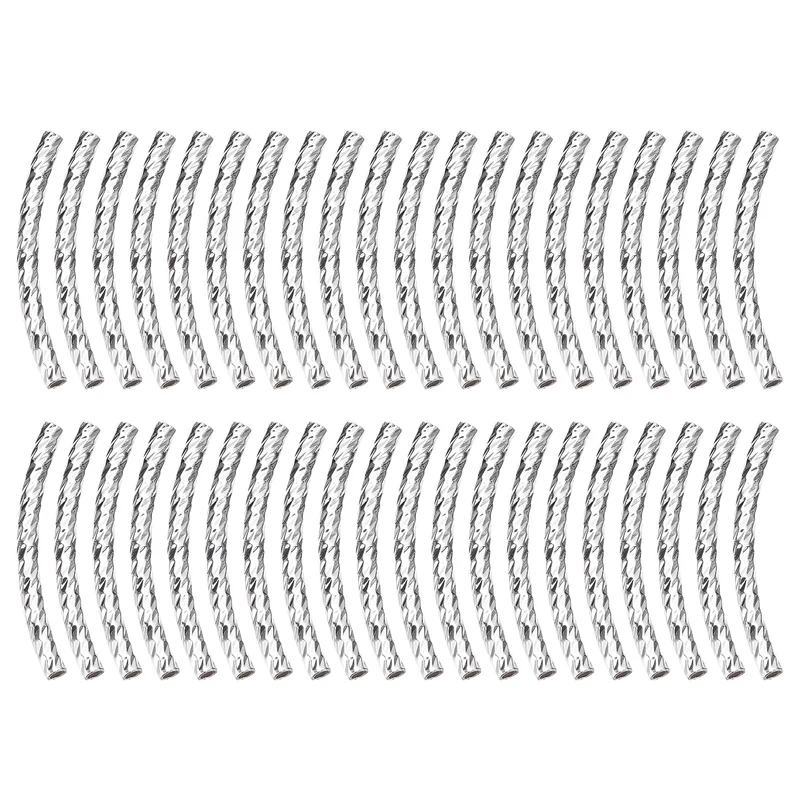 40Pcs Brass Curved Tube Beads 2x25mm Plating Noodles Spacer Bead Silver White