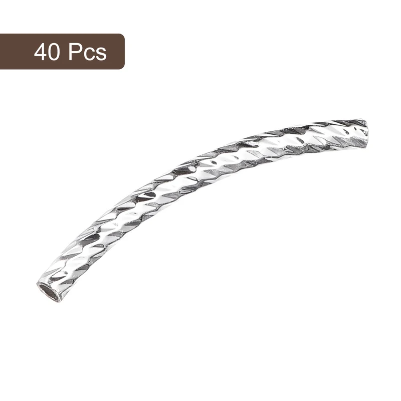 40Pcs Brass Curved Tube Beads 2x25mm Plating Noodles Spacer Bead Silver White