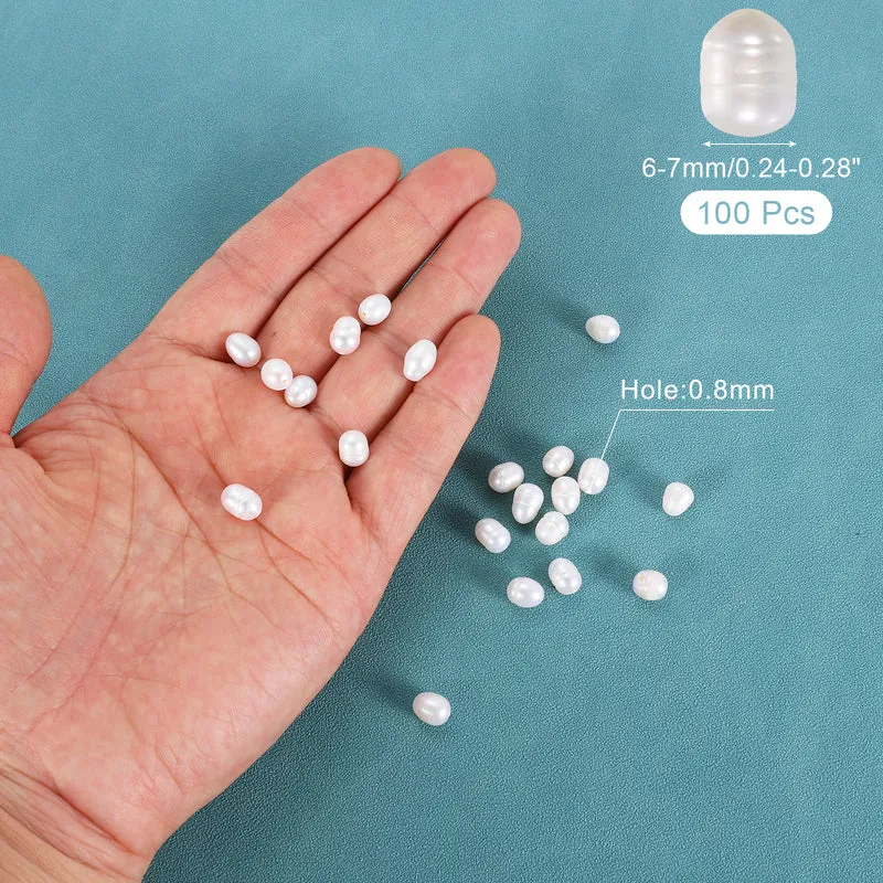 100 Pcs 6-7mm 0.8mm Hole Oval Shape Freshwater Pearl Beads,White