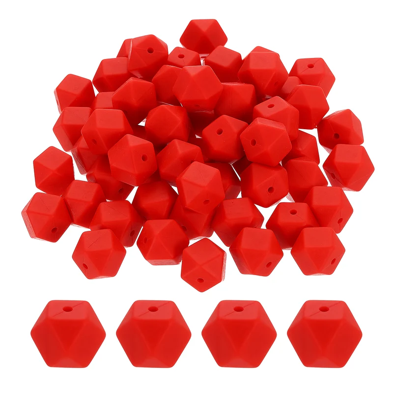 90Pcs Silicone Beads 14mm Loose Hexagon Rubber Focal Beads Red