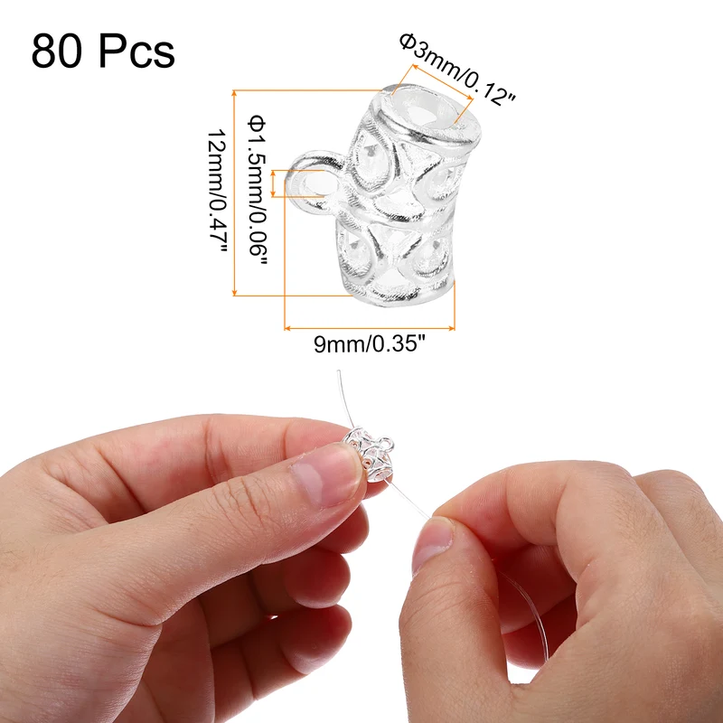 Spacer Bail Bead, 80 Pcs Spacer Beads Charms Holder Bracelet Tube Beads Hanger for Necklace Jewelry DIY Making, Silver