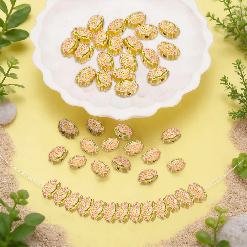 Gold Lotus Flower Beads, 20 Pcs Enamel Charm Beads Chinese Style, Yellow