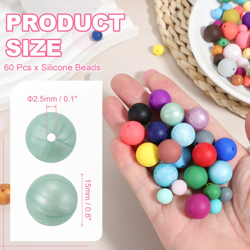 60 Pcs Silicone Beads, 15mm Bulk Beads for Keychain Making, Light Green