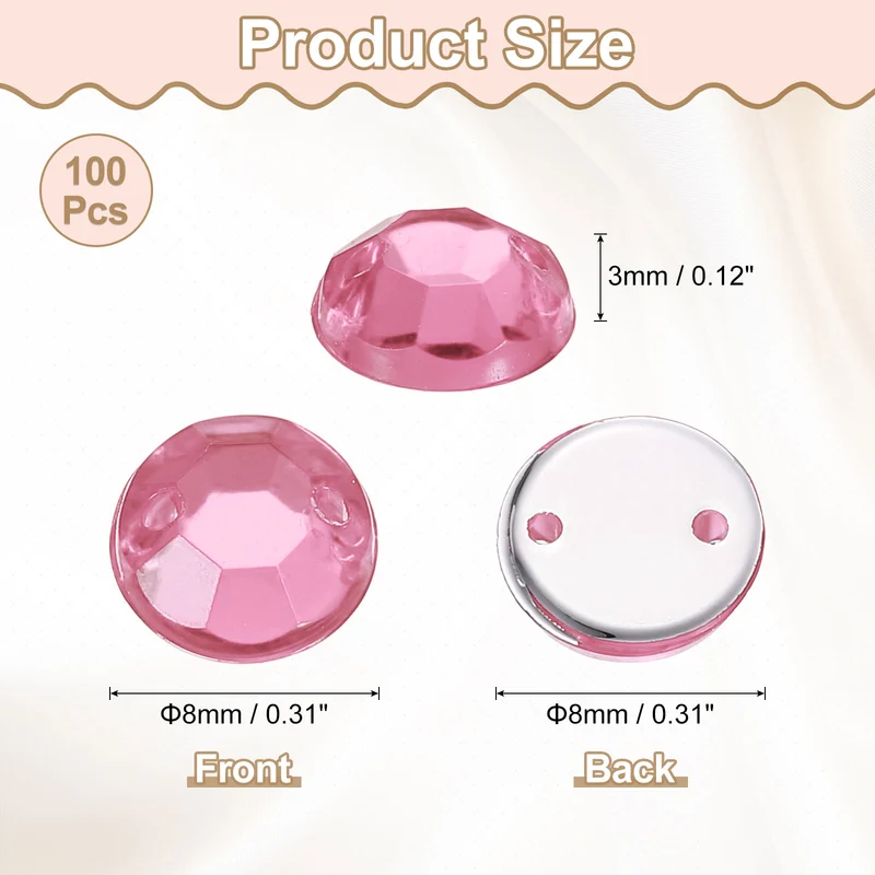 100Pcs Flat Back Sew on Rhinestones Beads, 8mm Crystal Round Gems, Pink