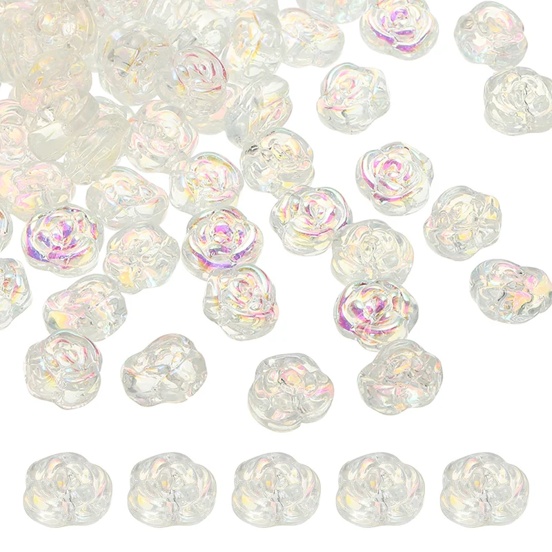 100 Pcs Rose Beads, 0.55" Glass Flower Rose Charm, White