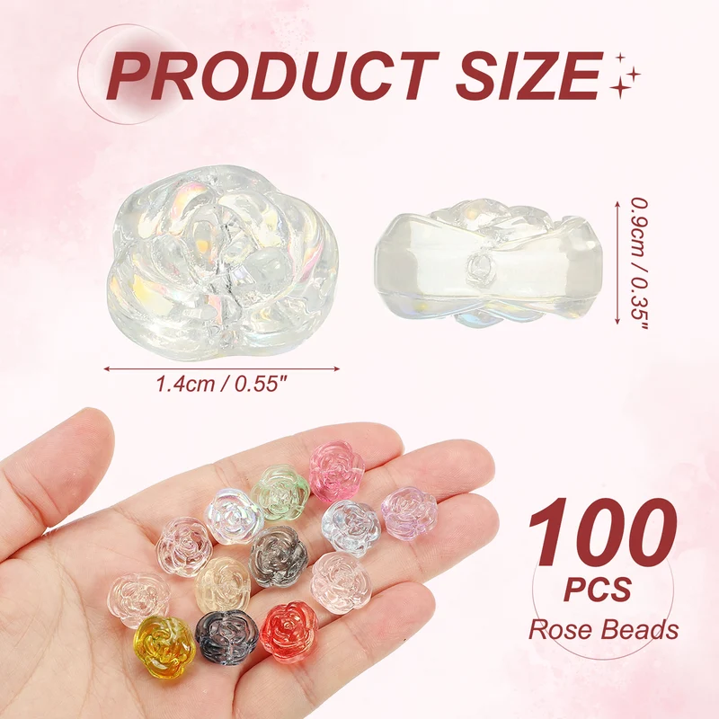 100 Pcs Rose Beads, 0.55" Glass Flower Rose Charm, White