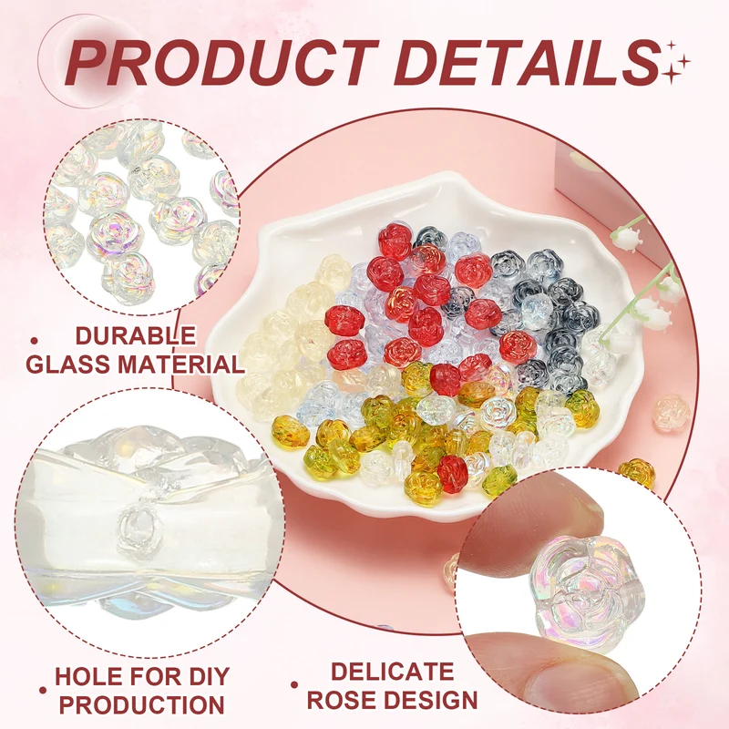 100 Pcs Rose Beads, 0.55" Glass Flower Rose Charm, White