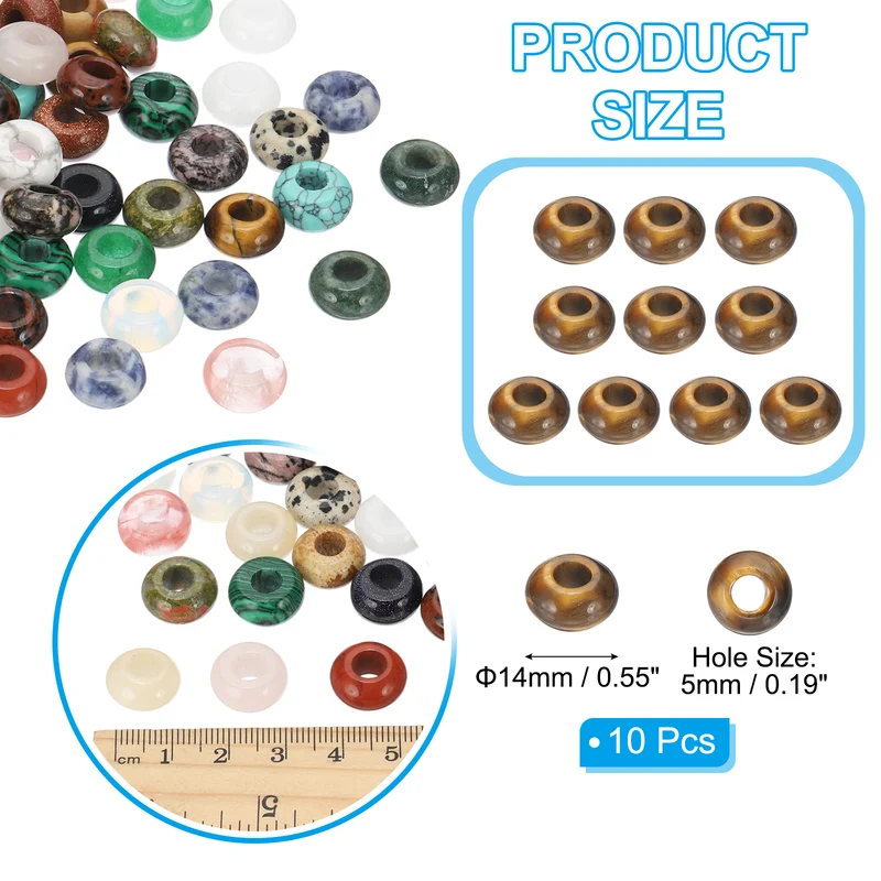 10 Pcs Natural Gemstone Beads, Large Hole Rondelle Beads Loose European Crystal Beads Pack for Jewelry Bracelet DIY Craft, 14 x 8 MM, Brown