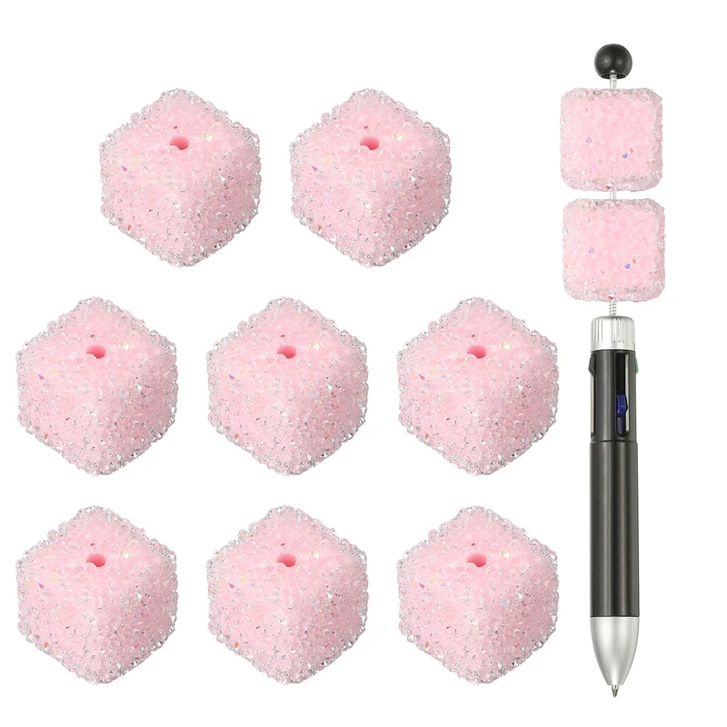 8 Pcs Square Rhinestone Beads for Pens, 17mm Sugar Beads for DIY, Light Pink