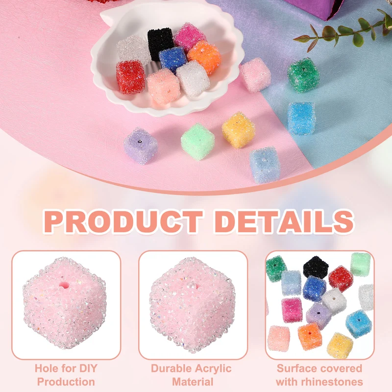 8 Pcs Square Rhinestone Beads for Pens, 17mm Sugar Beads for DIY, Light Pink