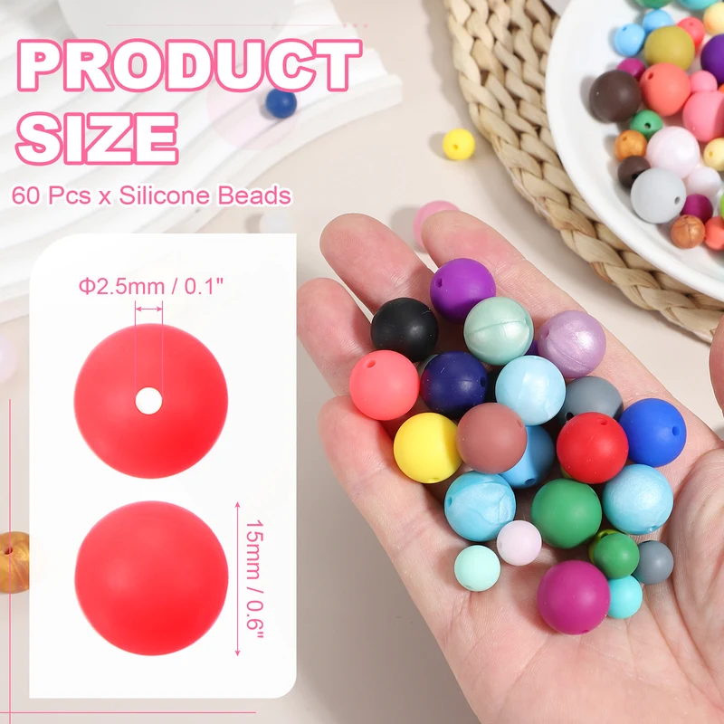 60 Pcs Silicone Beads, 15mm Bulk Beads for Keychain Making, Bright Pink
