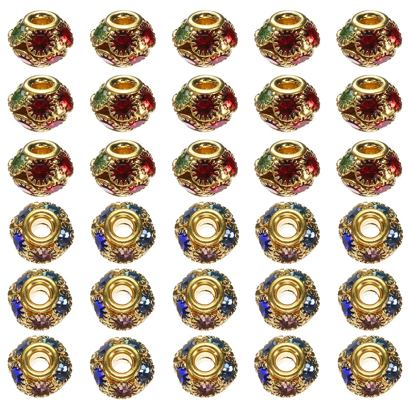 30Pcs Rhinestone Large Hole Beads, 10mm Crystal Charm Spacer Beads, Golden Color