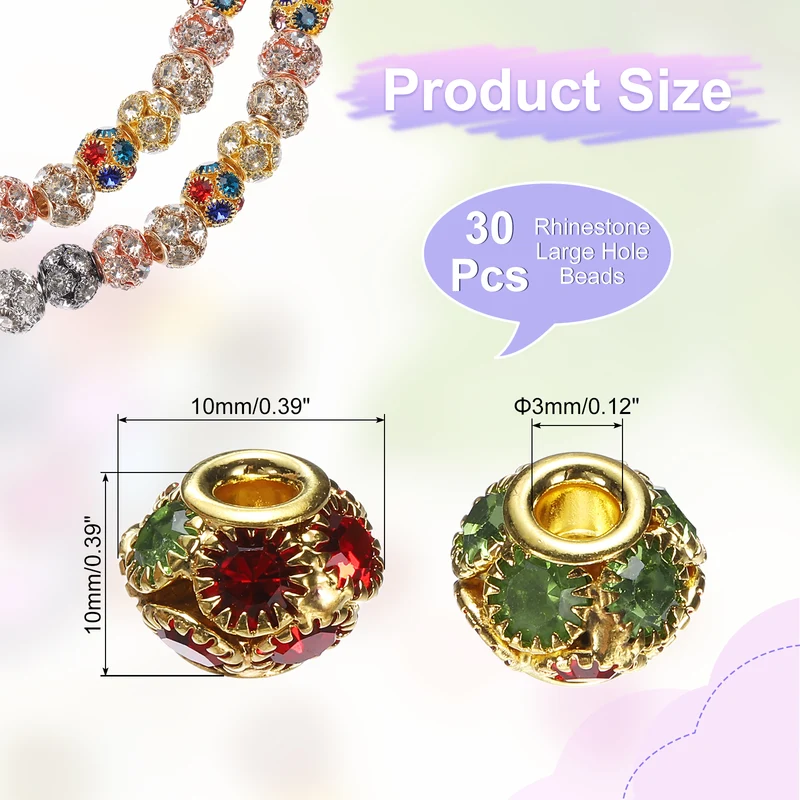 30Pcs Rhinestone Large Hole Beads, 10mm Crystal Charm Spacer Beads, Golden Color