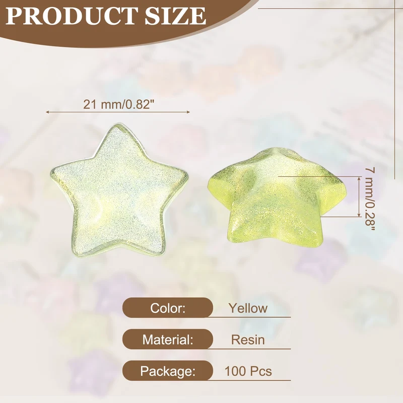 100 Pcs Flat Back Resin Star Beads, Glitter Star Charm, Yellow