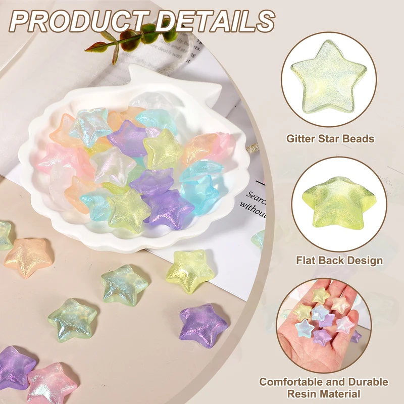 100 Pcs Flat Back Resin Star Beads, Glitter Star Charm, Yellow