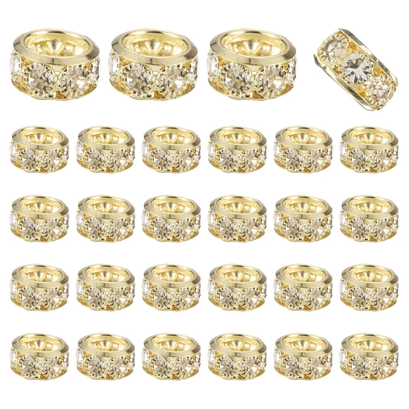 40Pcs 12mm Large Hole Rhinestone Beads European Bulk Spacer Bead Bright Gold