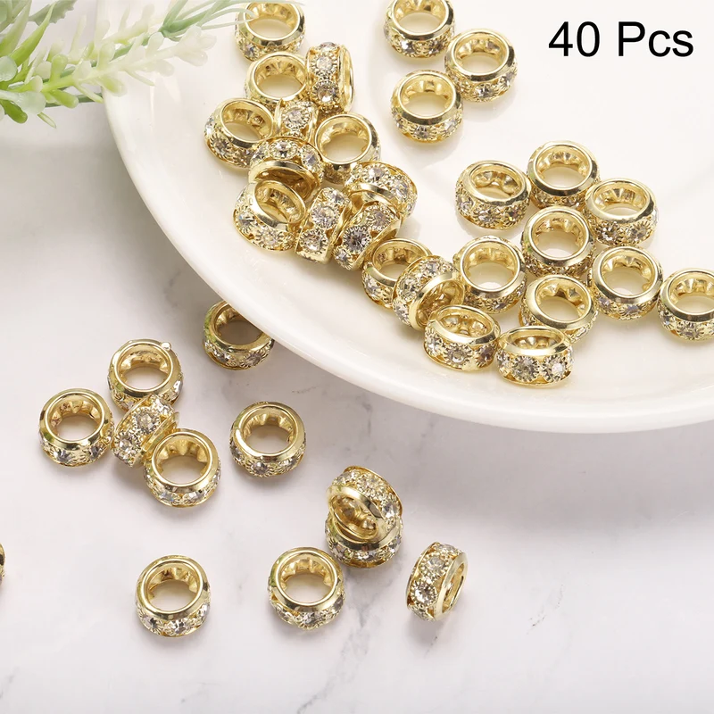 40Pcs 12mm Large Hole Rhinestone Beads European Bulk Spacer Bead Bright Gold
